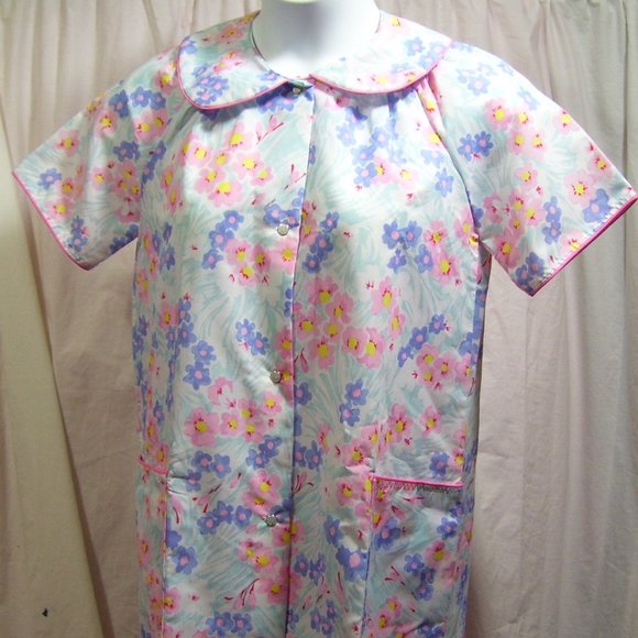 Coffee Time Housecoat Dressing Robe NWOT pink blue print Size S - Picture 1 of 5
